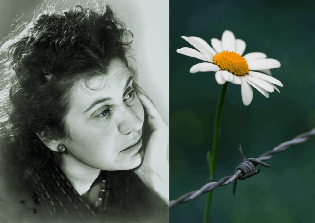 Visage pensif d'Etty Hillesum marquerite qui pointe derrière un barbelé