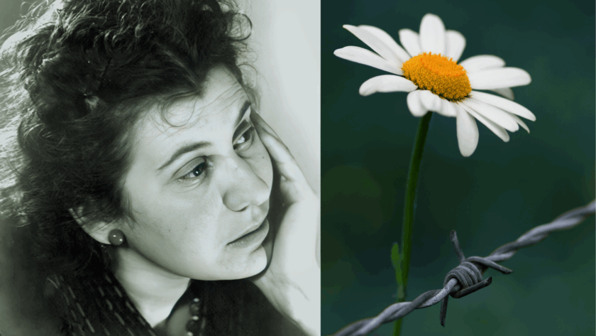 Visage pensif d'Etty Hillesum marquerite qui pointe derrière un barbelé